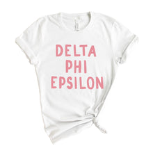 Load image into Gallery viewer, Delta Phi Epsilon T-Shirt | DPHIE Pink Bubble Letters Shirt | Delta Phi Epsilon Sorority Gift Idea - Kite and Crest
