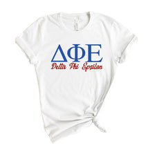 Load image into Gallery viewer, Delta Phi Epsilon T-Shirt | DPHIE Red and Blue Shirt | Delta Phi Epsilon Sorority Gift Idea - Kite and Crest
