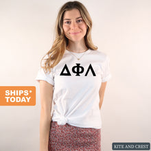 Load image into Gallery viewer, Delta Phi Lambda Basic Black Letters T-shirt - Kite and Crest
