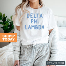 Load image into Gallery viewer, Delta Phi Lambda Blue Bubble Letters T-shirt - Kite and Crest
