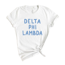 Load image into Gallery viewer, Delta Phi Lambda Blue Bubble Letters T-shirt - Kite and Crest
