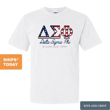 Load image into Gallery viewer, Delta Sigma Phi Comfort Colors T-Shirt - Delta Sig American Flag Letters Shirt - Kite and Crest
