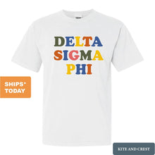 Load image into Gallery viewer, Delta Sigma Phi Comfort Colors T-Shirt - Delta Sig Retro Letters Shirt - Kite and Crest
