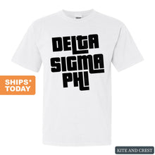 Load image into Gallery viewer, Delta Sigma Phi Comfort Colors T-Shirt - Delta Sig Stacked Letters Shirt - Kite and Crest
