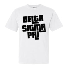 Load image into Gallery viewer, Delta Sigma Phi Comfort Colors T-Shirt - Delta Sig Stacked Letters Shirt - Kite and Crest
