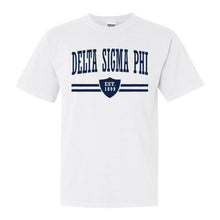 Load image into Gallery viewer, Delta Sigma Phi Comfort Colors T-Shirt - Delta Sig Striped Shield Shirt - Kite and Crest
