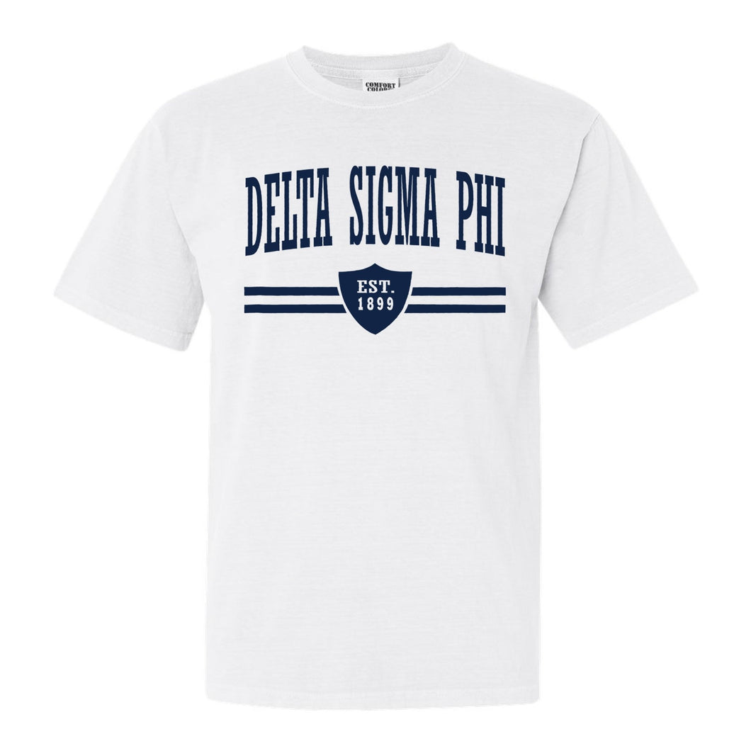 Delta Sigma Phi Comfort Colors T-Shirt - Delta Sig Striped Shield Shirt - Kite and Crest