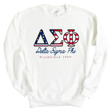 Load image into Gallery viewer, Delta Sigma Phi Sweatshirt - Delta Sig American Flag Letters Crewneck Sweatshirt - Kite and Crest
