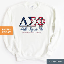 Load image into Gallery viewer, Delta Sigma Phi Sweatshirt - Delta Sig American Flag Letters Crewneck Sweatshirt - Kite and Crest
