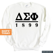 Load image into Gallery viewer, Delta Sigma Phi Sweatshirt - Delta Sig Black Letters Crewneck Sweatshirt - Kite and Crest
