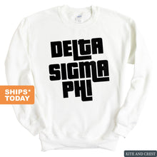 Load image into Gallery viewer, Delta Sigma Phi Sweatshirt - Delta Sig Stacked Letters Crewneck Sweatshirt - Kite and Crest
