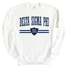 Load image into Gallery viewer, Delta Sigma Phi Sweatshirt - Delta Sig Striped Shield Crewneck Sweatshirt - Kite and Crest
