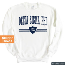 Load image into Gallery viewer, Delta Sigma Phi Sweatshirt - Delta Sig Striped Shield Crewneck Sweatshirt - Kite and Crest
