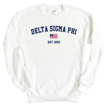 Load image into Gallery viewer, Delta Sigma Phi Sweatshirt - Delta Sig USA Flag Crewneck Sweatshirt - Kite and Crest
