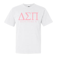 Load image into Gallery viewer, Delta Sigma Pi Classic Pink Letters Comfort Colors T-Shirt - Kite and Crest
