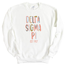 Load image into Gallery viewer, Delta Sigma Pi Pastel Stencil Sweatshirt - Fraternity Crewneck Sweatshirt - Kite and Crest
