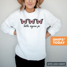 Load image into Gallery viewer, Delta Sigma Pi Trendy Butterfly Sweatshirt - Fraternity Crewneck Sweatshirt - Kite and Crest
