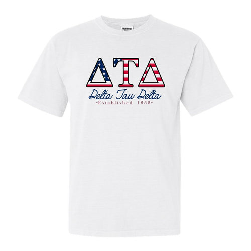 Delta Tau Delta Comfort Colors T-Shirt - Delt American Flag Letters Shirt - Kite and Crest