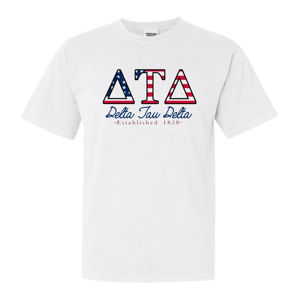 Delta Tau Delta Comfort Colors T-Shirt - Delt American Flag Letters Shirt - Kite and Crest