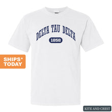 Load image into Gallery viewer, Delta Tau Delta Comfort Colors T-Shirt - Delt Fraternal Arch Shirt - Kite and Crest

