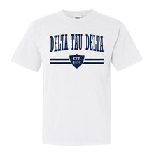 Load image into Gallery viewer, Delta Tau Delta Comfort Colors T-Shirt - Delt Striped Shield Shirt - Kite and Crest
