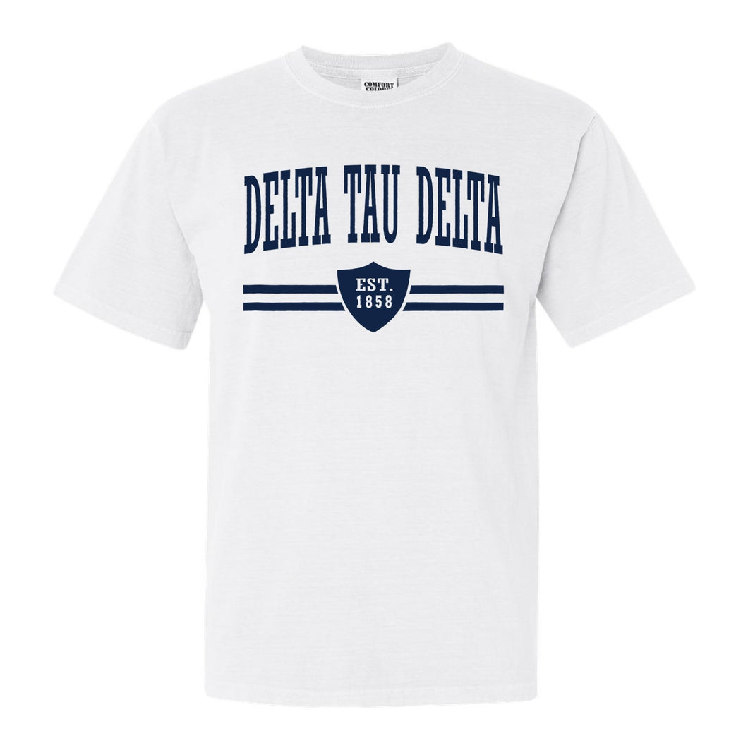 Delta Tau Delta Comfort Colors T-Shirt - Delt Striped Shield Shirt - Kite and Crest