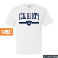 Load image into Gallery viewer, Delta Tau Delta Comfort Colors T-Shirt - Delt Striped Shield Shirt - Kite and Crest
