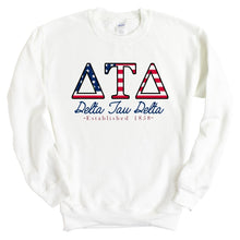 Load image into Gallery viewer, Delta Tau Delta Sweatshirt - Delt American Flag Letters Crewneck Sweatshirt - Kite and Crest
