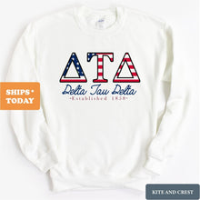 Load image into Gallery viewer, Delta Tau Delta Sweatshirt - Delt American Flag Letters Crewneck Sweatshirt - Kite and Crest
