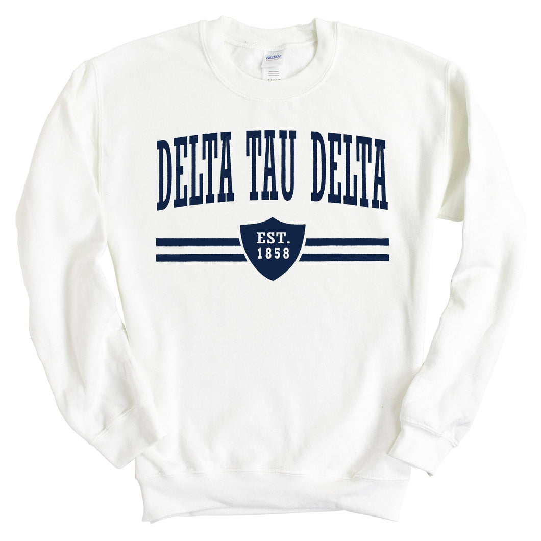 Delta Tau Delta Sweatshirt - Delt Striped Shield Crewneck Sweatshirt - Kite and Crest