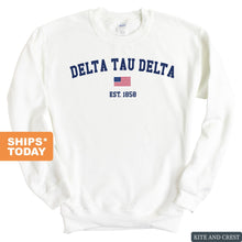 Load image into Gallery viewer, Delta Tau Delta Sweatshirt - Delt USA Flag Crewneck Sweatshirt - Kite and Crest
