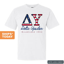 Load image into Gallery viewer, Delta Upsilon Comfort Colors T-Shirt - DU American Flag Letters Shirt - Kite and Crest
