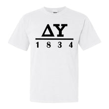 Load image into Gallery viewer, Delta Upsilon Comfort Colors T-Shirt - DU Black Letters Shirt - Kite and Crest
