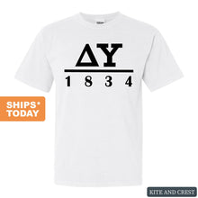 Load image into Gallery viewer, Delta Upsilon Comfort Colors T-Shirt - DU Black Letters Shirt - Kite and Crest
