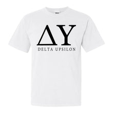 Load image into Gallery viewer, Delta Upsilon Comfort Colors T-Shirt - DU Block Letter Shirt - Kite and Crest
