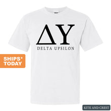 Load image into Gallery viewer, Delta Upsilon Comfort Colors T-Shirt - DU Block Letter Shirt - Kite and Crest

