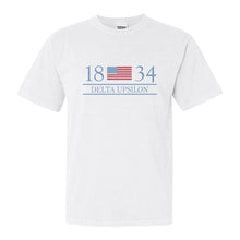 Load image into Gallery viewer, Delta Upsilon Comfort Colors T-Shirt - DU Flag Year Shirt - Kite and Crest
