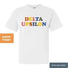 Load image into Gallery viewer, Delta Upsilon Comfort Colors T-Shirt - DU Retro Letters Shirt - Kite and Crest
