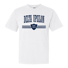 Load image into Gallery viewer, Delta Upsilon Comfort Colors T-Shirt - DU Striped Shield Shirt - Kite and Crest
