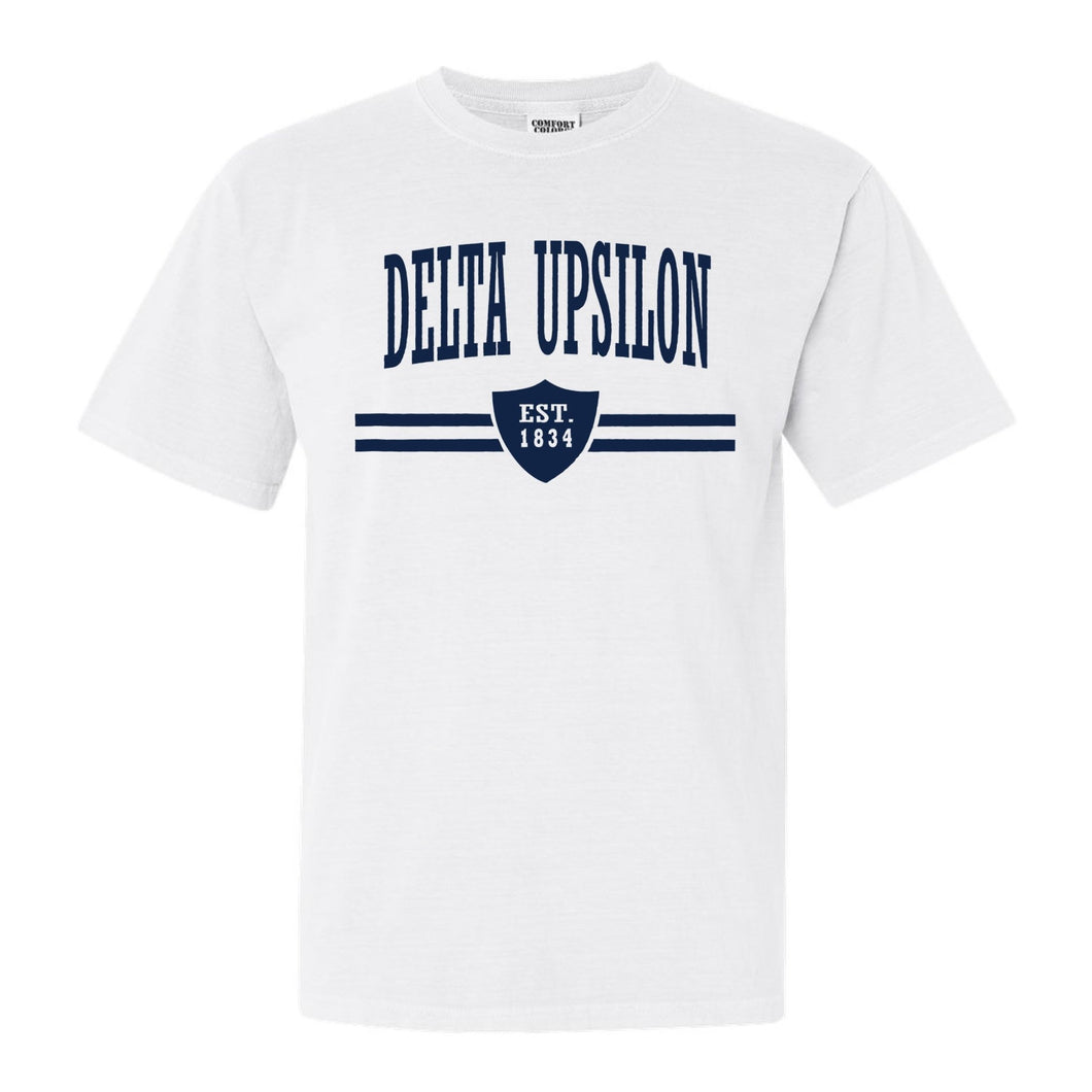 Delta Upsilon Comfort Colors T-Shirt - DU Striped Shield Shirt - Kite and Crest