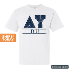 Load image into Gallery viewer, Delta Upsilon Comfort Colors T-Shirt - DU Washed Letters Shirt - Kite and Crest
