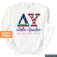 Load image into Gallery viewer, Delta Upsilon Sweatshirt - DU American Flag Letters Crewneck Sweatshirt - Kite and Crest
