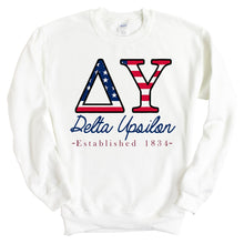 Load image into Gallery viewer, Delta Upsilon Sweatshirt - DU American Flag Letters Crewneck Sweatshirt - Kite and Crest
