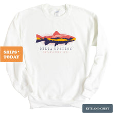 Load image into Gallery viewer, Delta Upsilon Sweatshirt - DU Fishing Crewneck Sweatshirt - Kite and Crest
