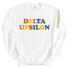 Load image into Gallery viewer, Delta Upsilon Sweatshirt - DU Retro Letters Crewneck Sweatshirt - Kite and Crest
