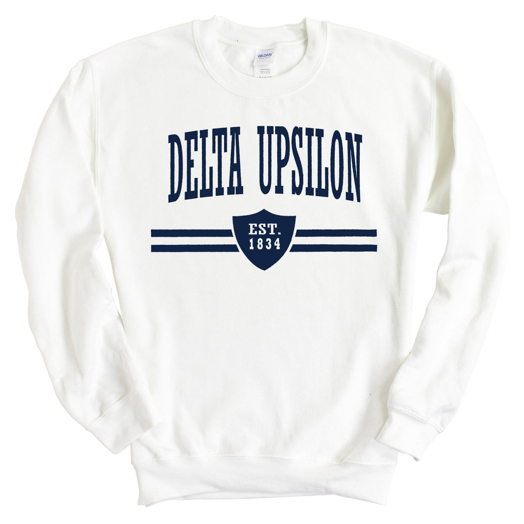 Delta Upsilon Sweatshirt - DU Striped Shield Crewneck Sweatshirt - Kite and Crest