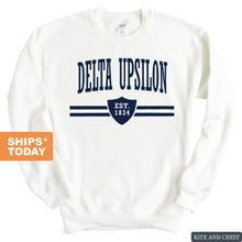 Load image into Gallery viewer, Delta Upsilon Sweatshirt - DU Striped Shield Crewneck Sweatshirt - Kite and Crest
