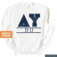 Load image into Gallery viewer, Delta Upsilon Sweatshirt - DU Washed Letters Crewneck Sweatshirt - Kite and Crest
