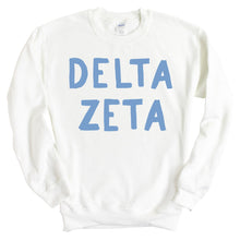 Load image into Gallery viewer, Delta Zeta Blue Bubble Letter Sorority Crewneck Sweatshirt - Kite and Crest
