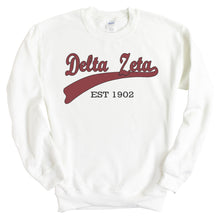 Load image into Gallery viewer, Delta Zeta Sweatshirt | DZ Baseball Crewneck Sweatshirt | Delta Zeta Sorority Gift Idea - Kite and Crest
